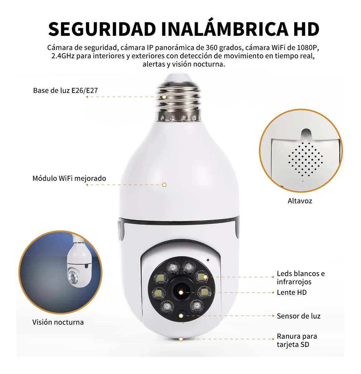 Foco Cámara 360° | Cámara wifi HD de seguridad